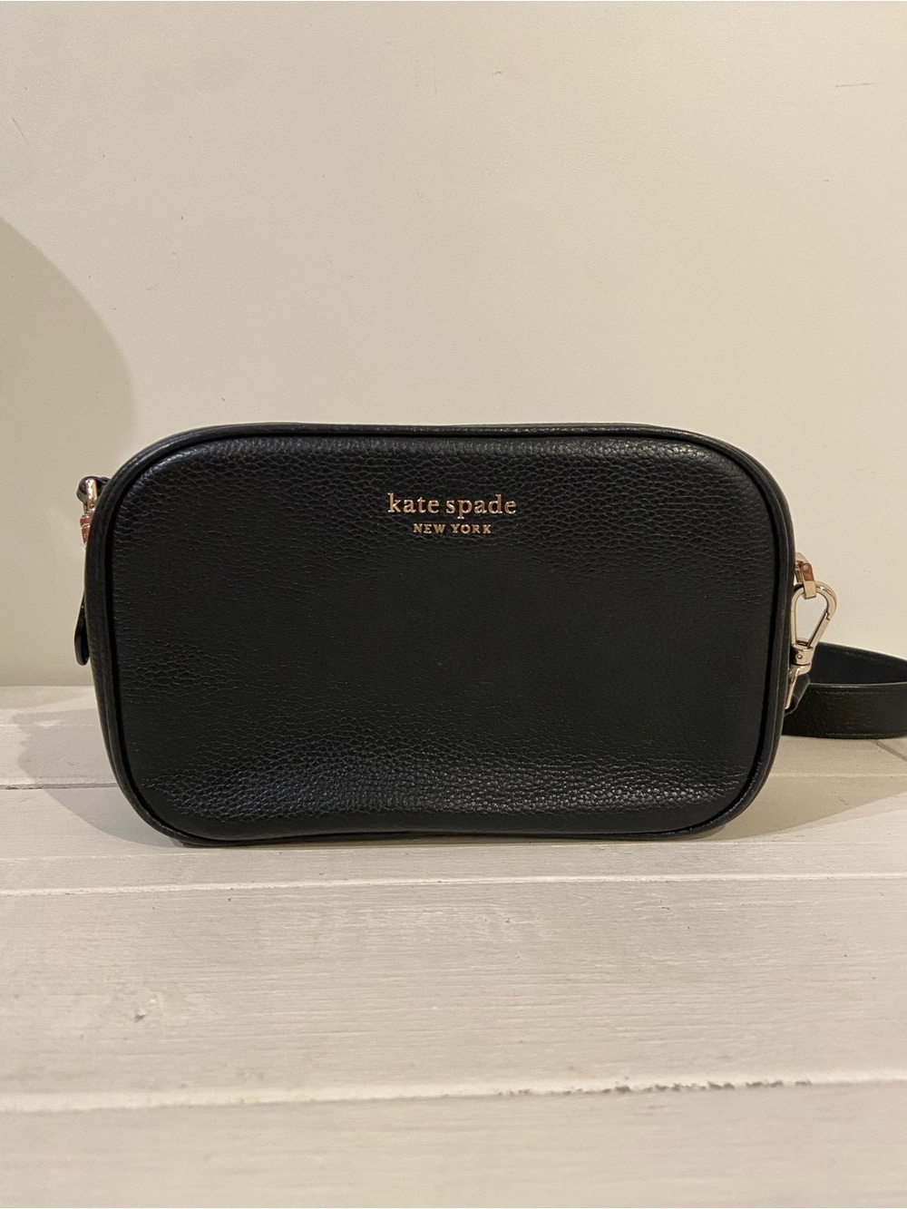 kate spade Black Pebbled Leather Crossbody Camera Bag with Gold Hardware